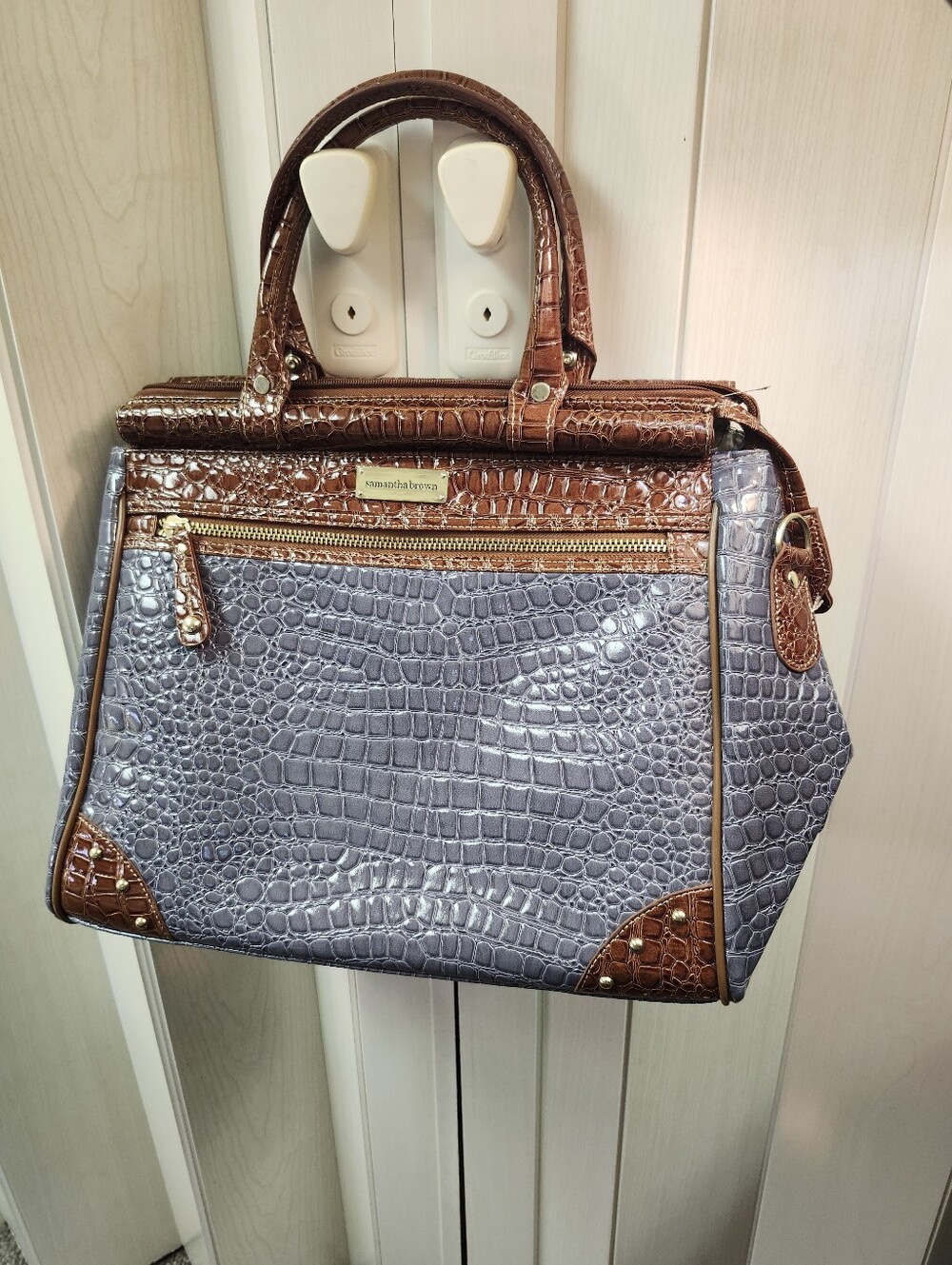 Croc-Embossed Two-Tone Satchel in Gray and Brown by